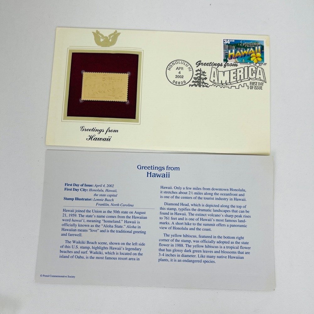 Postal Commemorative Society Hawaii Gold Stamp Replica First Day Cover 2002